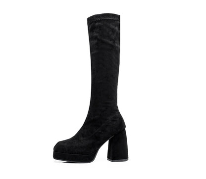 Square Toe Over Knee Block Chunky Heel Platform Knee High Boots for Women