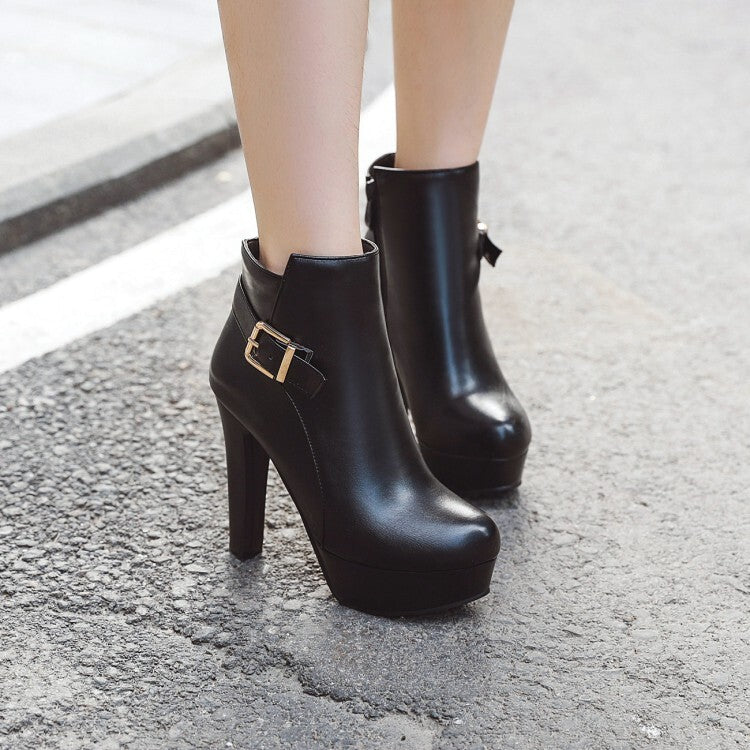 Booties Buckle Straps Block Chunky Heel Platform Short Boots for Women