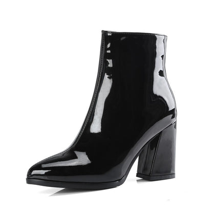 Metal Patent Side Zippers Block Chunky Heel Short Boots for Women