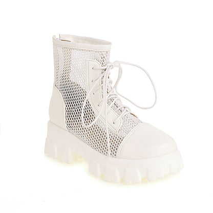 Mesh Lace Up Back Zippers Block Chunky Heel Platform Short Boots for Women