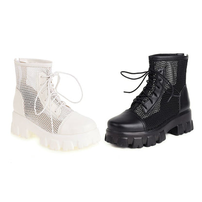 Mesh Lace Up Back Zippers Block Chunky Heel Platform Short Boots for Women