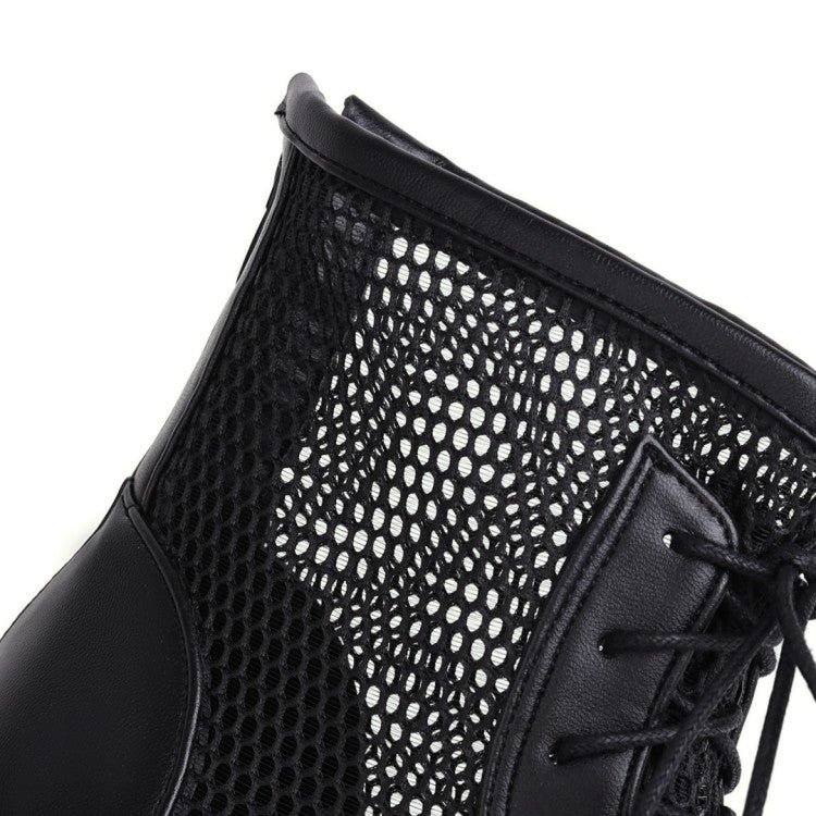 Mesh Lace Up Back Zippers Block Chunky Heel Platform Short Boots for Women