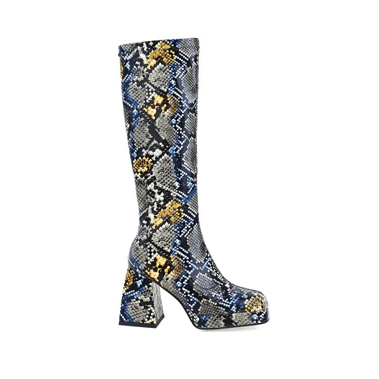 Snake-printed Pu Leather Square Toe Block Chunky Heel Platform Knee High Boots for Women