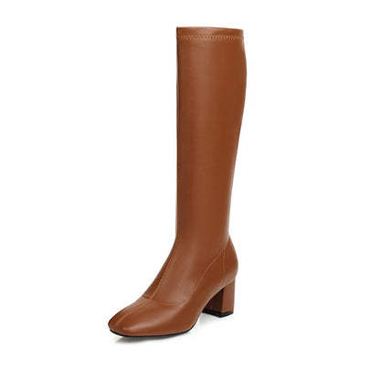 Glossy Side Zippers Chunky Heel Knee-High Boots for Women