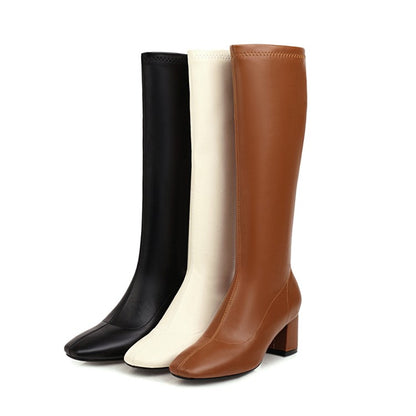 Glossy Side Zippers Chunky Heel Knee-High Boots for Women