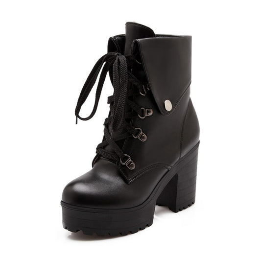 Round Toe Rivets Lace-Up Block Chunky Heel Platform Short Boots for Women