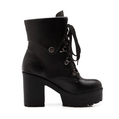 Round Toe Rivets Lace-Up Block Chunky Heel Platform Short Boots for Women