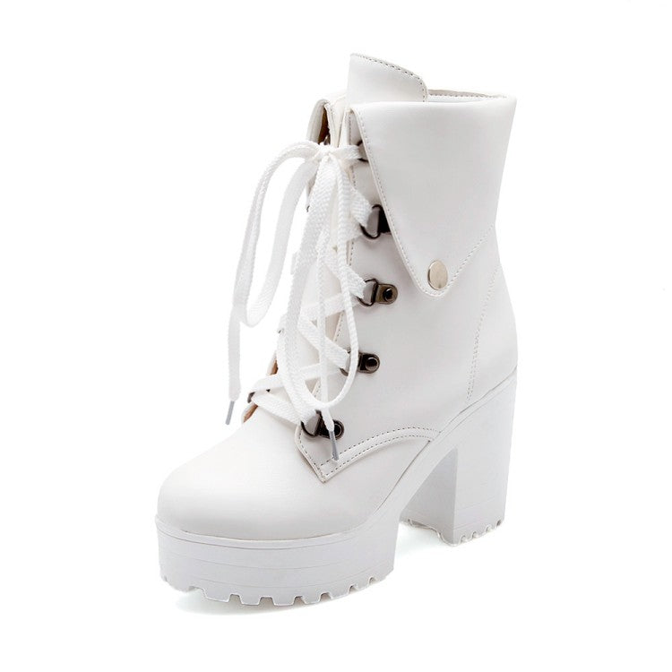 Round Toe Rivets Lace-Up Block Chunky Heel Platform Short Boots for Women