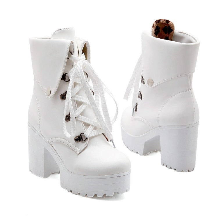 Round Toe Rivets Lace-Up Block Chunky Heel Platform Short Boots for Women