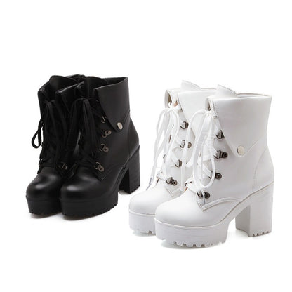 Round Toe Rivets Lace-Up Block Chunky Heel Platform Short Boots for Women