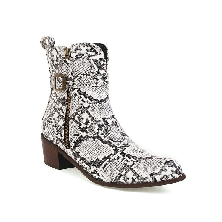 Snake Printed Square Toe Side Zippers Block Chunky Heel Short Boots for Women