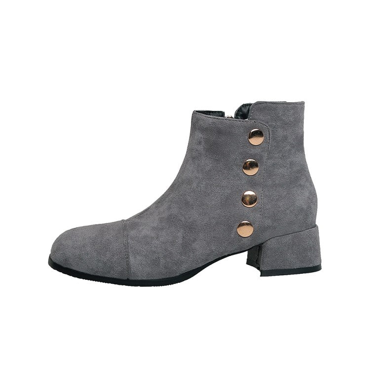 Flock Round Toe Rivets Block Chunky Heel Short Boots for Women