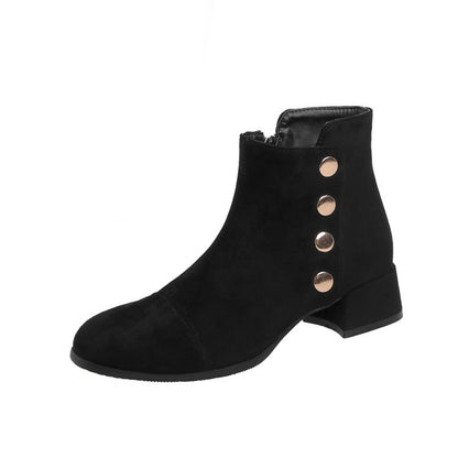 Flock Round Toe Rivets Block Chunky Heel Short Boots for Women