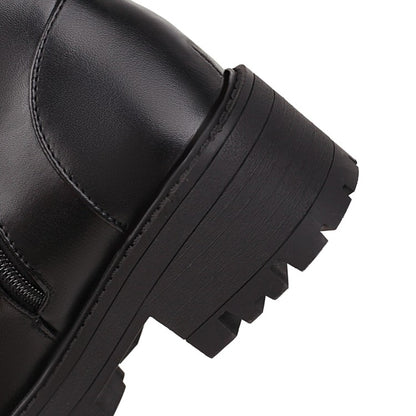 Round Toe Lace-Up Side Zippers Block Chunky Heel Platform Short Boots for Women