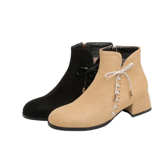 Flock Pointed Toe Crossed Tied Straps Block Chunky Heel Short Boots for Women