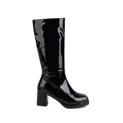 Glossy Square Toe Side Zippers Block Chunky Heel Platform Mid Calf Boots for Women