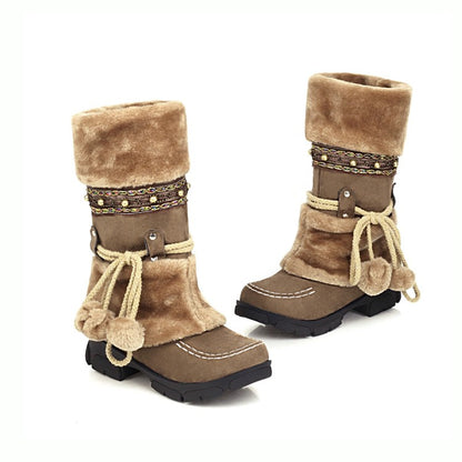 Flock Round Toe Rivets Tied Straps Furry Ball Block Chunky Heel Platform Mid-Calf Boots for Women