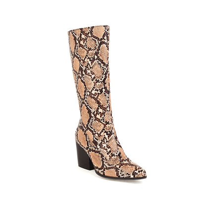 Snake Printed Pointed Toe Side Zippers Block Chunky Heel Mid-Calf Boots for Women