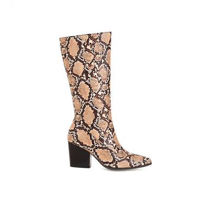 Snake Printed Pointed Toe Side Zippers Block Chunky Heel Mid-Calf Boots for Women