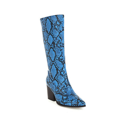 Snake Printed Pointed Toe Side Zippers Block Chunky Heel Mid-Calf Boots for Women