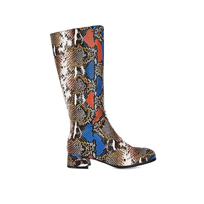 Snake Printed Pointed Toe Side Zippers Block Chunky Heel Mid-Calf Boots for Women