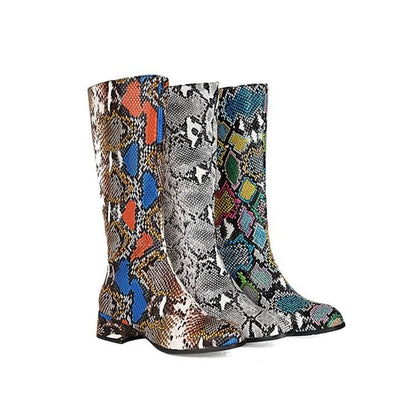 Snake Printed Pointed Toe Side Zippers Block Chunky Heel Mid-Calf Boots for Women