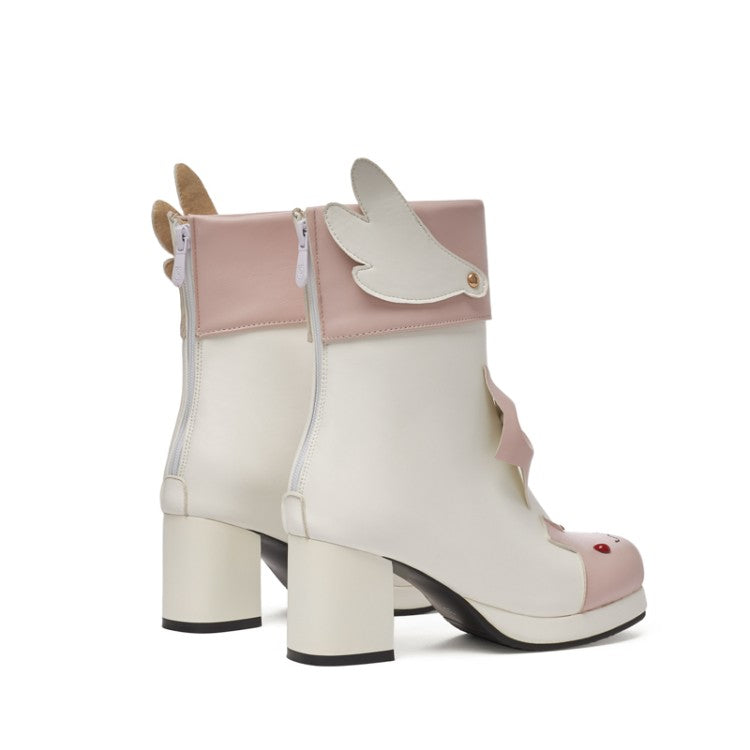 Lolita Bicolor Bow Tie Wings Block Chunky Heel Platform Ankle Boots for Women