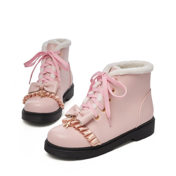 Lolita Bow Tie Lace Up Flat Ankle Boots for Women