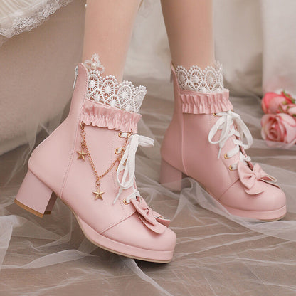 Women's Lace Bows Round Toe Square Heel Platform Ankle Boots