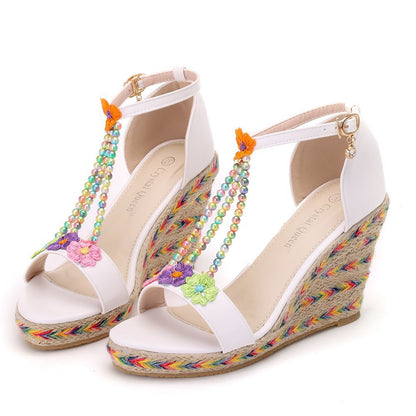 Women Flora Peep Toe String Bead Straps Wedge Heel Platform Sandals