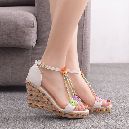 Women Flora Peep Toe String Bead Straps Wedge Heel Platform Sandals