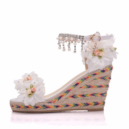 Women Flora Peep Toe String Bead Tassel Wedge Heel Platform Sandals