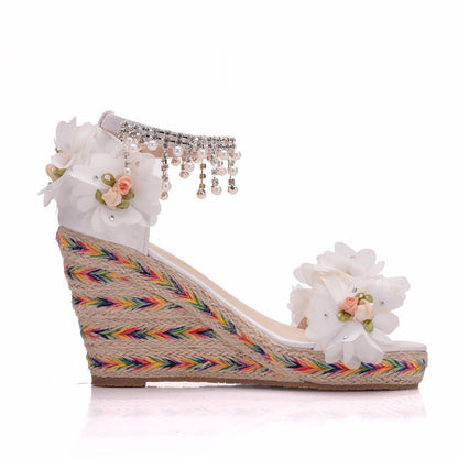 Women Flora Peep Toe String Bead Tassel Wedge Heel Platform Sandals