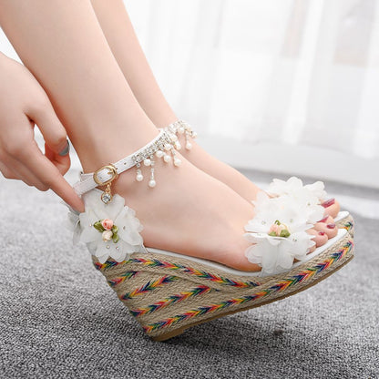 Women Flora Peep Toe String Bead Tassel Wedge Heel Platform Sandals