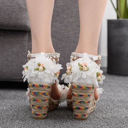 Women Flora Peep Toe String Bead Tassel Wedge Heel Platform Sandals