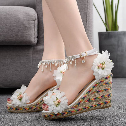 Women Flora Peep Toe String Bead Tassel Wedge Heel Platform Sandals