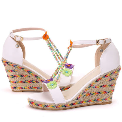 Women Flora Peep Toe String Bead Straps Wedge Heel Platform Sandals