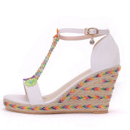 Women Flora Peep Toe String Bead Straps Wedge Heel Platform Sandals