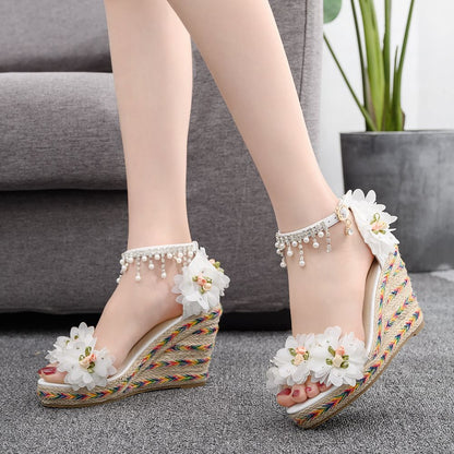 Women Flora Peep Toe String Bead Tassel Wedge Heel Platform Sandals