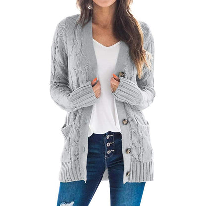 Cardigans Kniting Plain Twist Buttons Pockets Long Sleeves for Women