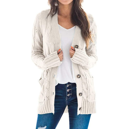 Cardigans Kniting Plain Twist Buttons Pockets Long Sleeves for Women