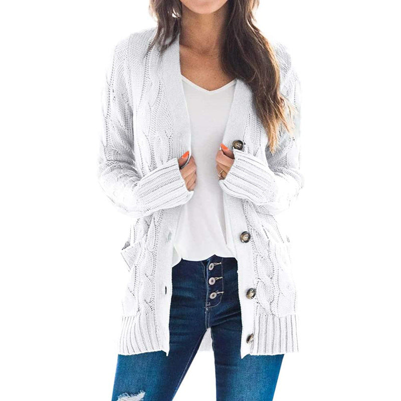 Cardigans Kniting Plain Twist Buttons Pockets Long Sleeves for Women