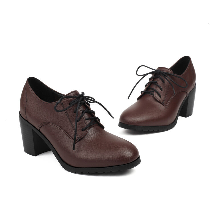 Women's Round Toe Square High Heel Lace Up Derby Shoes