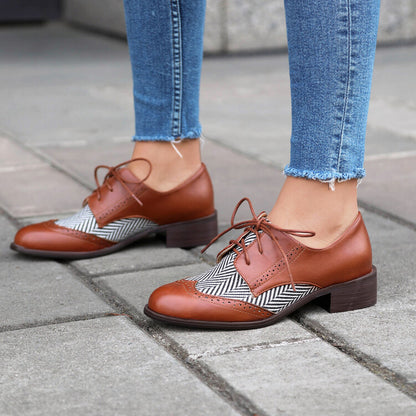 Women's Lace Up Color Blocking Brogues Low Heel Derby Shoes