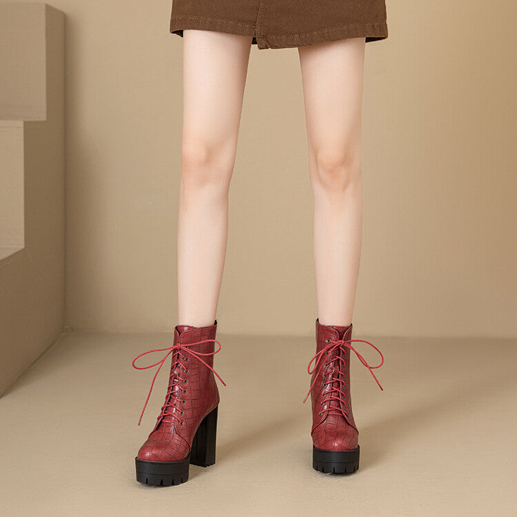 Women's Plush Lace-Up High Heel Platform Short Boots