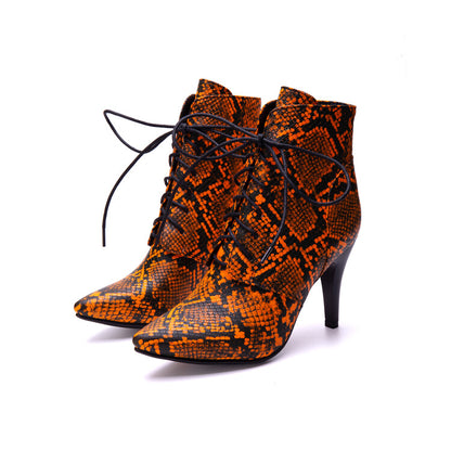 Women's Snake Pattern Lace-Up Spike Heel Ankle Boots