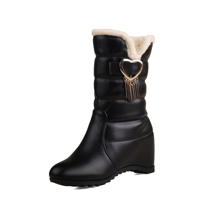 Women's Plush Tassel Wedge Heel Mid Calf Snow Boots