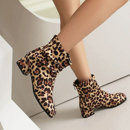 Women'S Leopard Print Round Toe Block Heel Ankle Boots