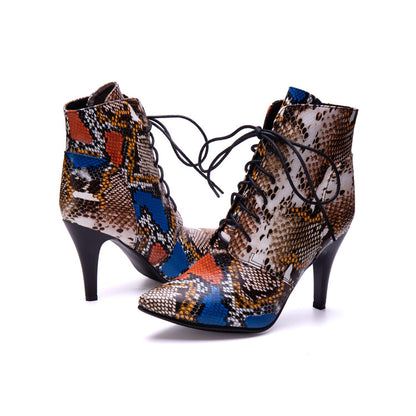 Women's Snake Pattern Lace-Up Spike Heel Ankle Boots