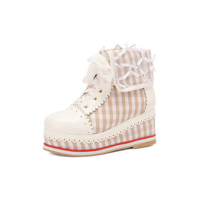 Women's Patchwork Lace-Up Round Toe Wedge Platform Short Boots